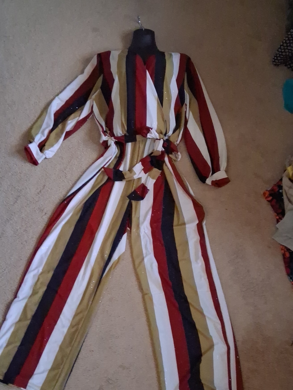 Ashley Stewart Striped Tan Maroon White Black With Glitter Wide-Leg Jumpsuit